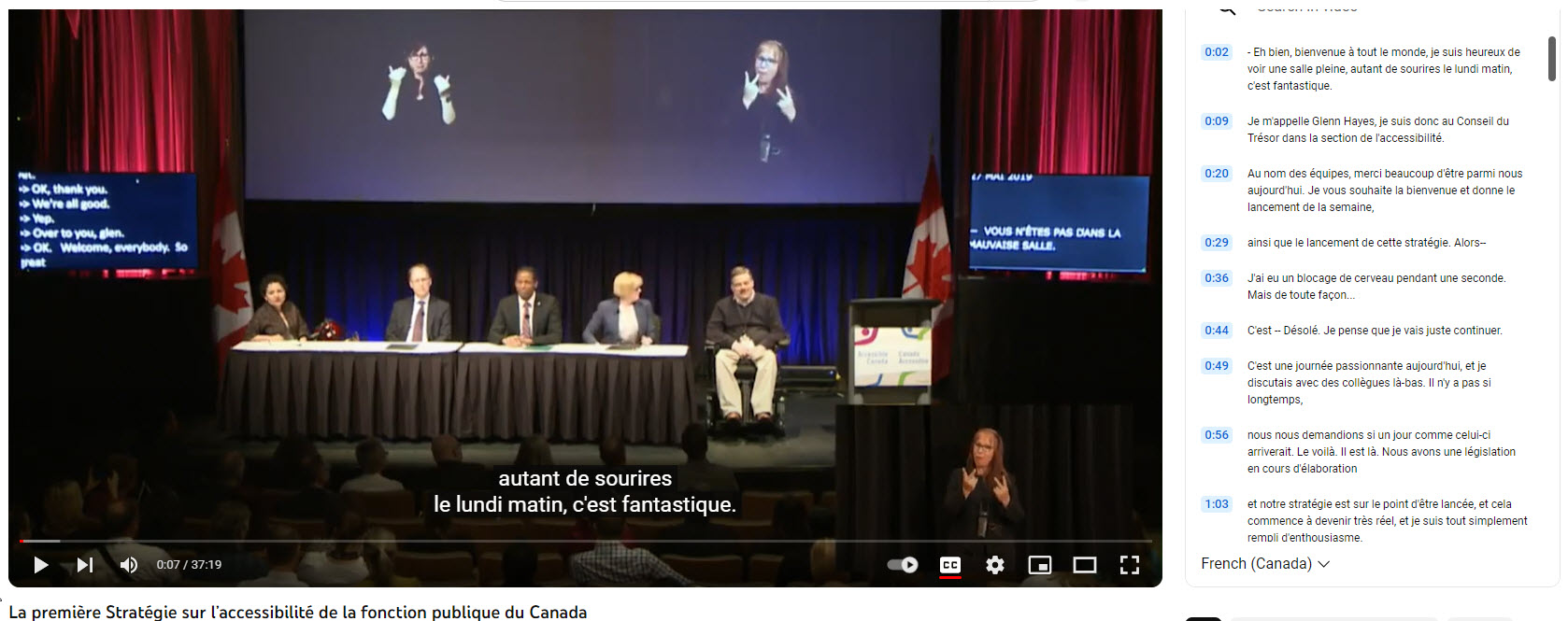Screenshot of video including transcript, captions and translated content.