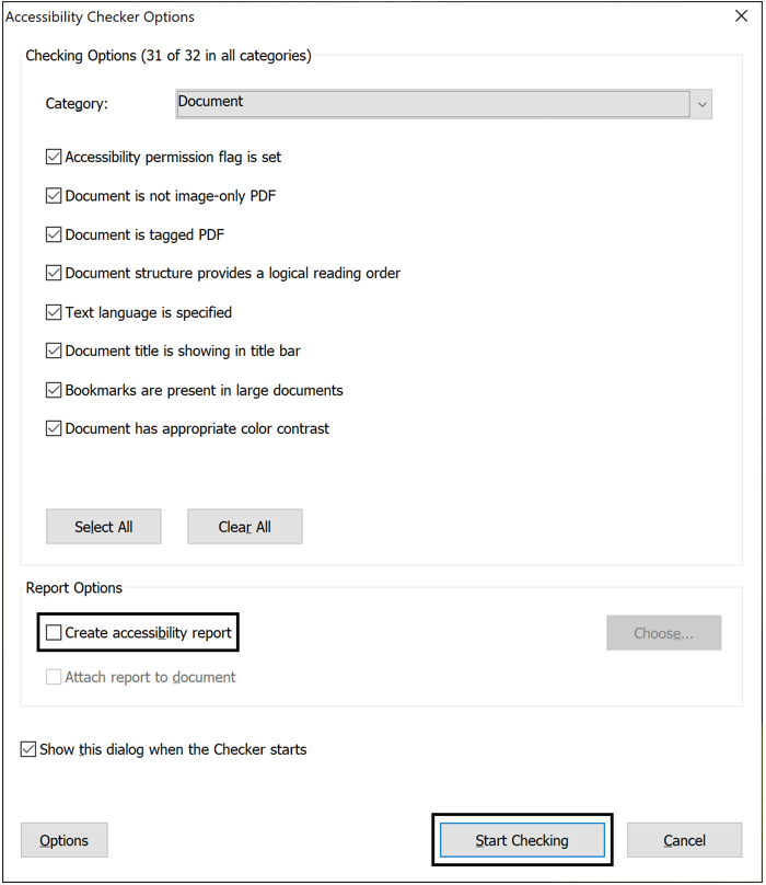 Screenshot of the Accessibility Checker options menu in Phantom PDF