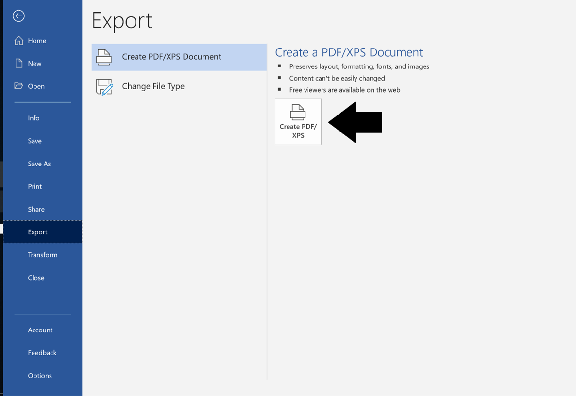 Screenshot of Export dialog in Word demonstrating where in the file menu to export a PDF. Namely File > Export > Create PDF/XPS