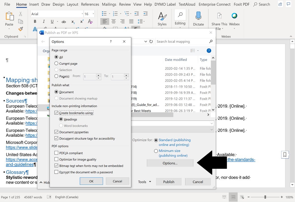 Screenshot of PDF export options in Word