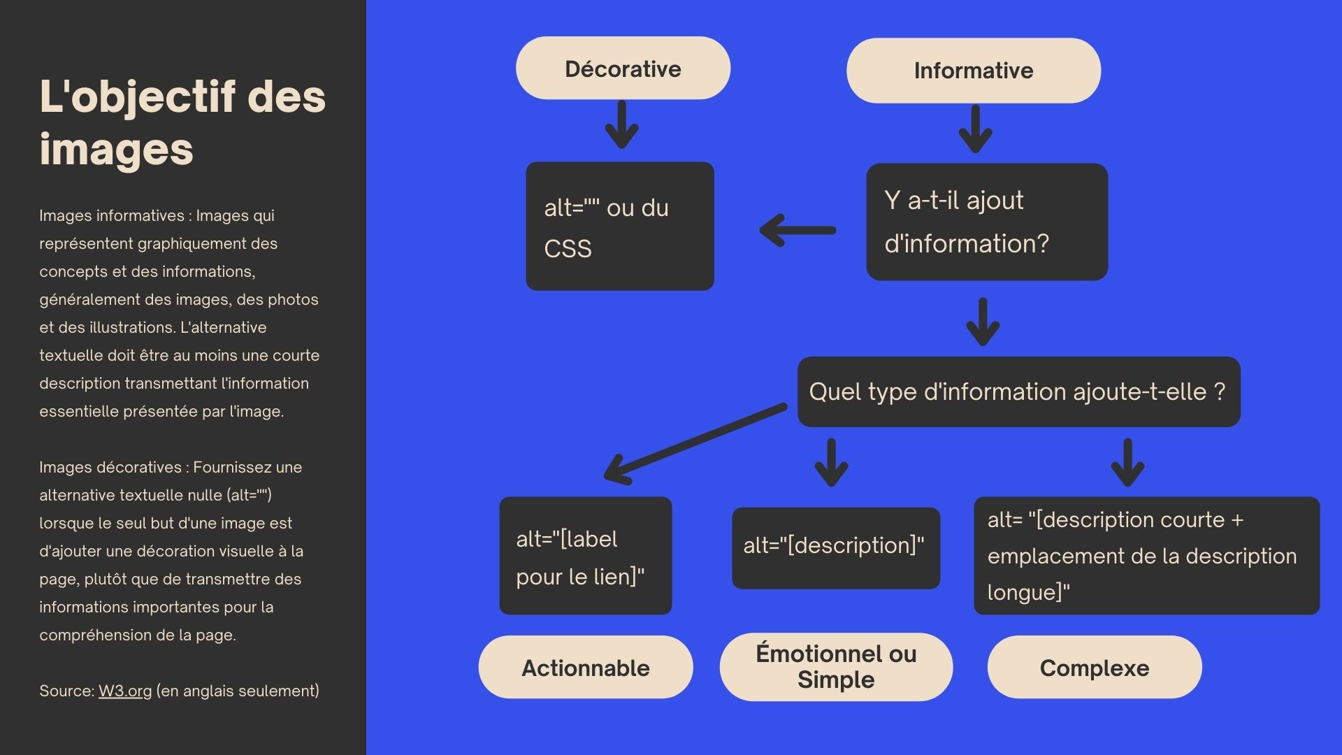 Une infographie sur la façon d'utiliser des images accessibles et d'utiliser le texte alternatif. Longue description ci-dessous