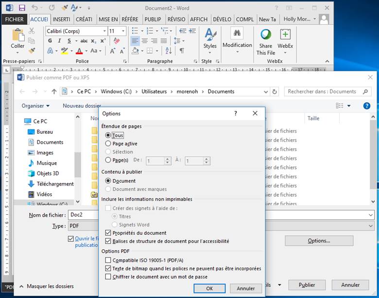 Capture d’écran de Options d’exportation du format PDF au format Word