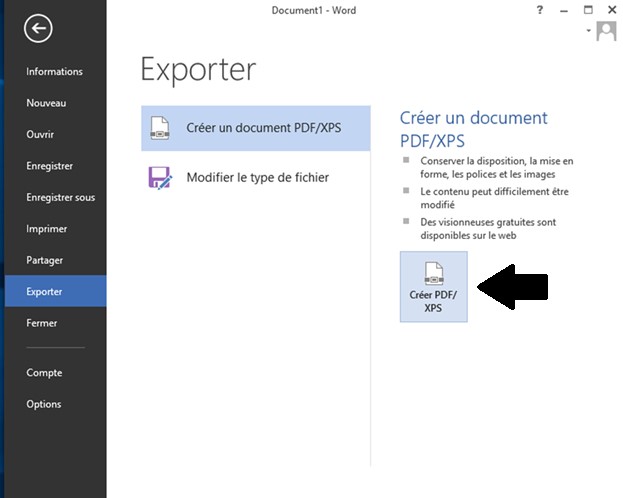 Capture écran qui démontre le processus d'exportation d'un PDF dans Word. Fichier > Exporter > Créer un document PDF/XPS > Créer PDF/XPS